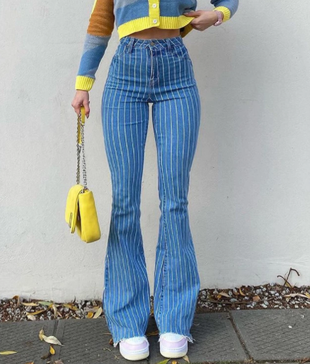 Pantalones Acampanados a Rayas Estilo Retro Hot Girl para Mujer