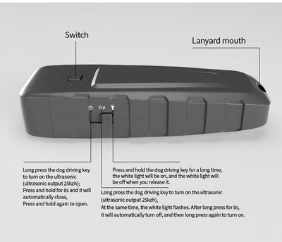 Black and orange handheld ultrasonic dog training device with a Type-C charging port and an orange button. - Image 6