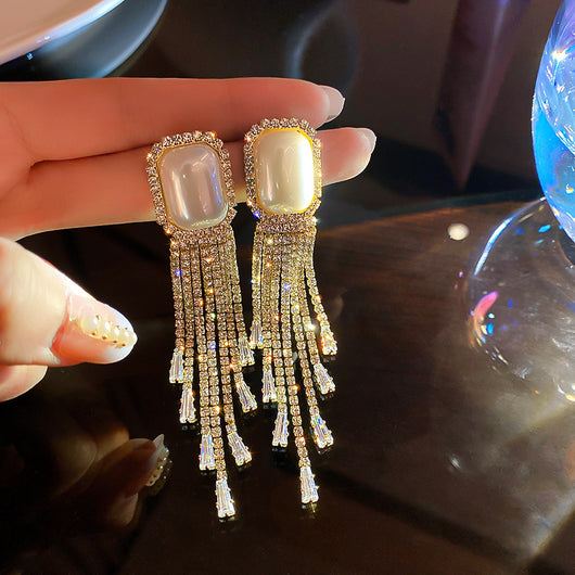 Aretes Largos de Perlas y Diamantes Completos con Borlas Exageradas - Image 7