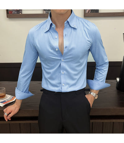 Camisa de Vestir Manga Larga a Rayas para Hombre con Cuello Italiano - Image 19
