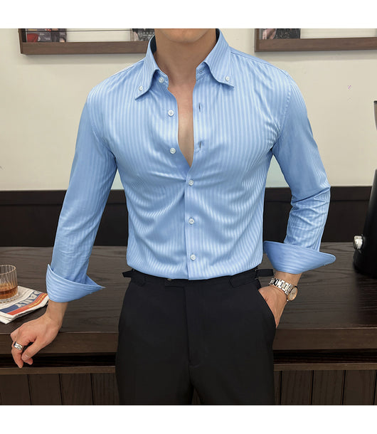 Camisa de Vestir Manga Larga a Rayas para Hombre con Cuello Italiano - Image 19