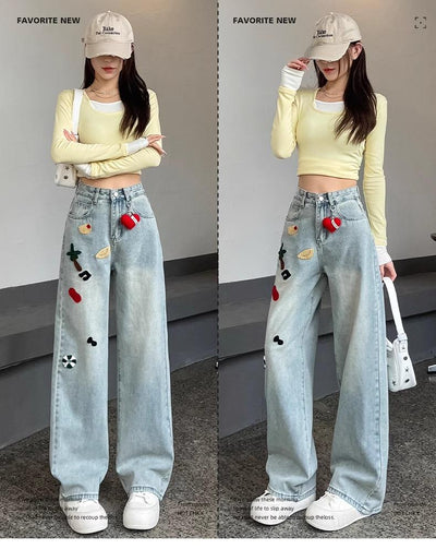Pantalones Jeans Rectos Cintura Alta con Bordados para Mujer - Image 9
