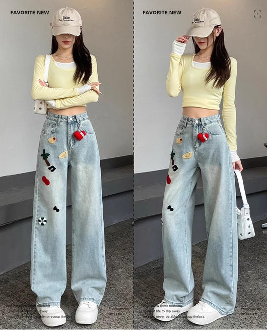Pantalones Jeans Rectos Cintura Alta con Bordados para Mujer - Image 9