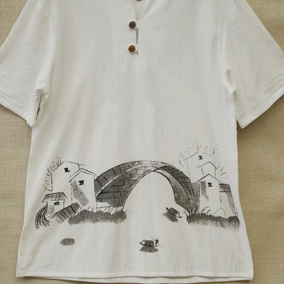 Camisa Casual Hombre Algodón y Lino con Estampado Paisaje - Image 7