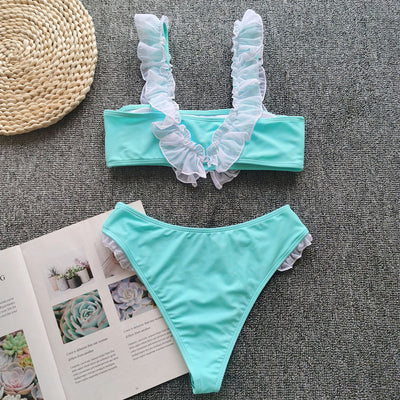 Bikini Dividido con Volantes y Colores Sólidos para Mujer - Image 16