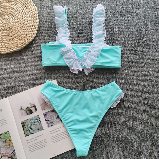 Bikini Dividido con Volantes y Colores Sólidos para Mujer - Image 16
