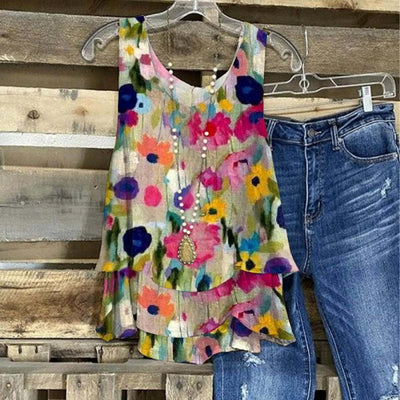 Blusa Artística sin Mangas Cuello Redondo Estampado Óleo