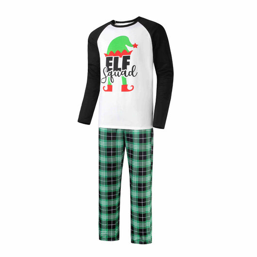 Christmas "ELF Squad" pajama set with white and black raglan long-sleeve top and green plaid pants. - Image 10