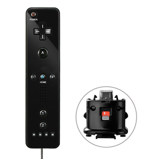 Black Wii wireless gamepad with a matching silicone protective case and wrist strap on a white background. - Image 13
