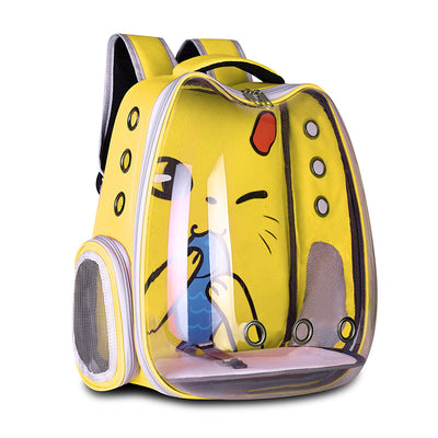 Light blue pet carrier backpack with a clear bubble window and a cartoon cat face design, featuring mesh sides. - Image 13