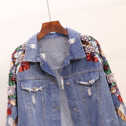 Chaqueta Denim Oversized con Bordados y Lentejuelas Reductora para Mujer - Image 8