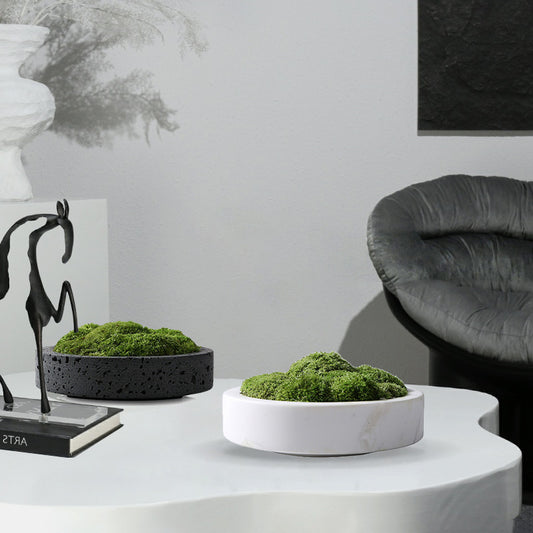 Mesa de Té Chino con Borde de Mármol y Maceta de Flores Eternas Simuladas