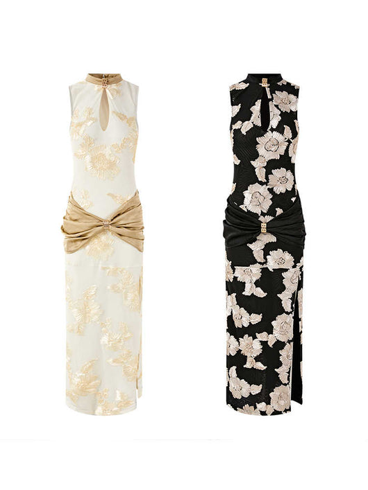 Vestido Elegante Negro con Flores en Malla y Detalles Fruncidos - Image 5