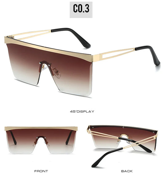 Gold frame square sunglasses with a one-piece gradient blue lens and black temple tips. - Image 21
