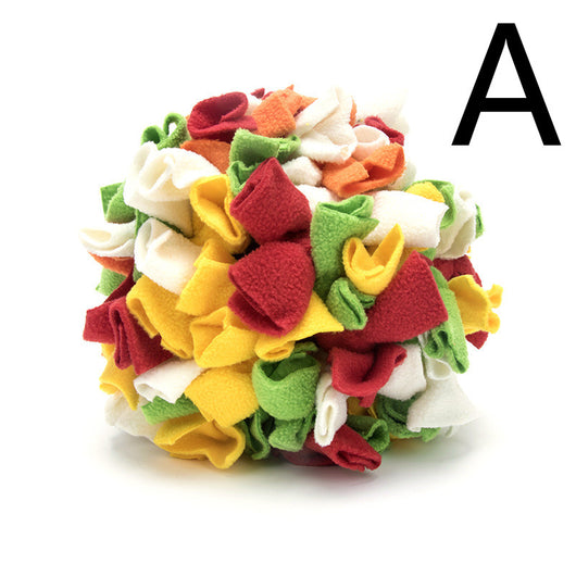 Red, yellow, and orange polar fleece snuffle ball pet toy for chewing and enrichment. - Image 6