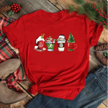 Red women's t-shirt with "Merry Christmas" text and three Christmas trees, featuring buffalo plaid and leopard print. - Image 13
