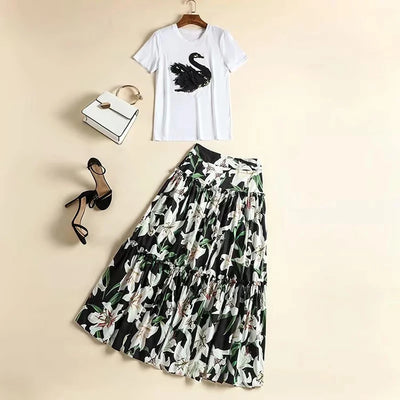 Conjunto Elegante: Blusa Blanca con Falda Midi Negra y Blanca - Image 9
