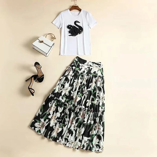 Conjunto Elegante: Blusa Blanca con Falda Midi Negra y Blanca - Image 9
