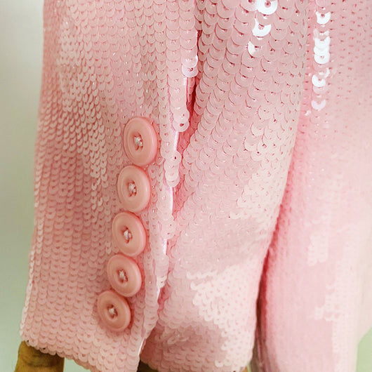 Blazer Suelto Doble Botonadura Rosa Raíz de Loto con Lentejuelas - Image 5