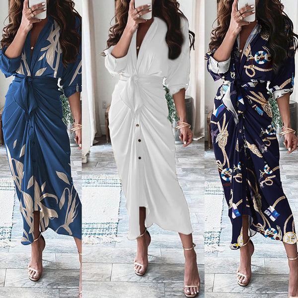 Vestido Camisero con Cordones Europeo Elegante de Manga Larga