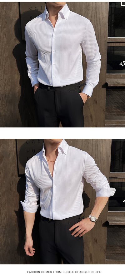 Camisa de Manga Larga con Rayas Oscuras Cuello en V para Hombre - Image 24