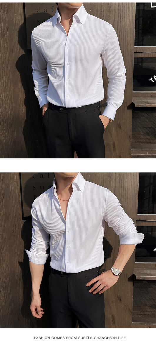 Camisa de Manga Larga con Rayas Oscuras Cuello en V para Hombre - Image 24