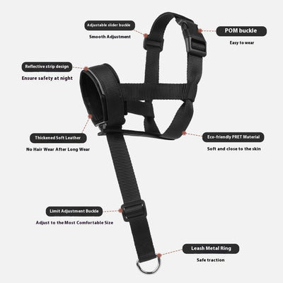 Black and brown leather and nylon dog muzzle with adjustable straps and a D-ring, shown with a size chart. - Image 4