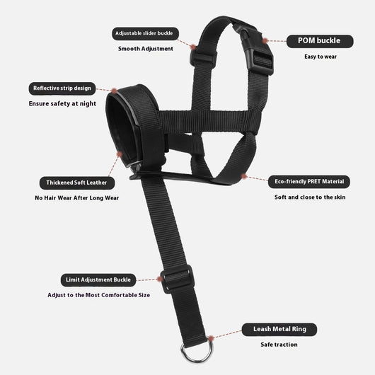 Black and brown leather and nylon dog muzzle with adjustable straps and a D-ring, shown with a size chart. - Image 4
