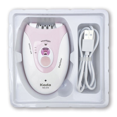 Pink and white Keda KD-216 multifunctional epilator with 36-tooth blade, LED light, and USB charging. - Image 4