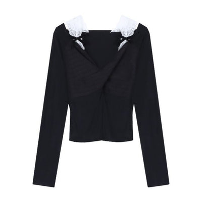 Blusa Elegante Bicolor con Panel de Encaje y Hombros Descubiertos - Image 6