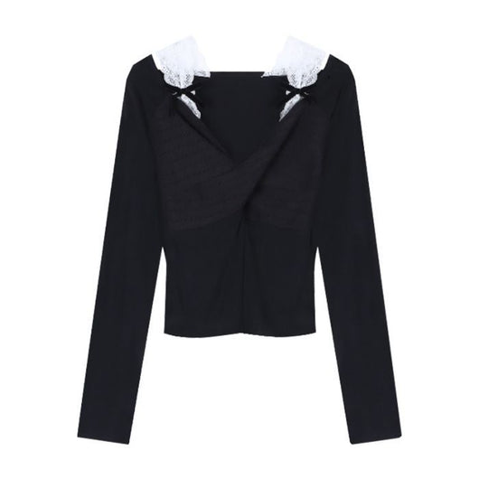 Blusa Elegante Bicolor con Panel de Encaje y Hombros Descubiertos - Image 6