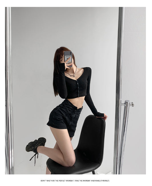 Short Denim Cintura Alta Tejido Cruzado Control de Abdomen para Mujer