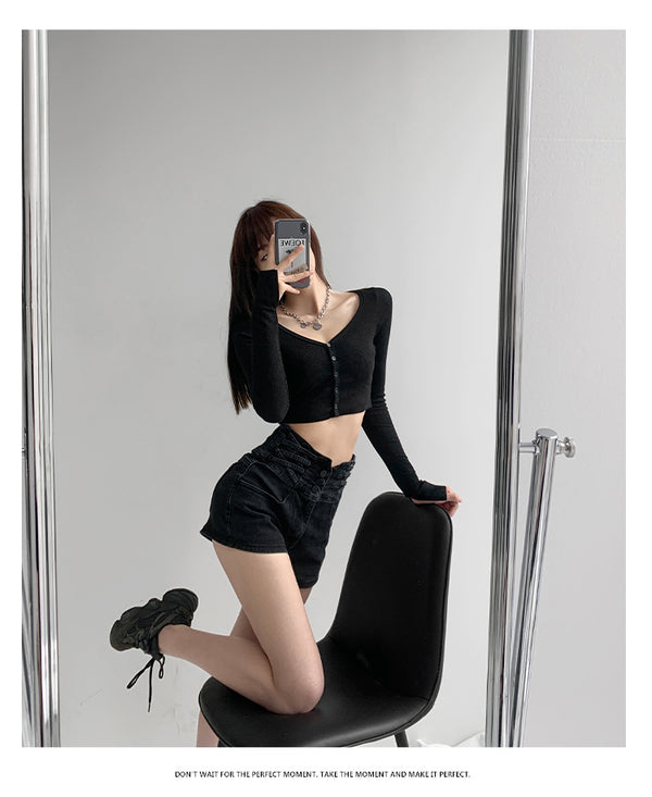Short Denim Cintura Alta Tejido Cruzado Control de Abdomen para Mujer