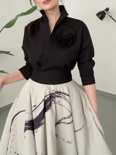 Camisa Negra Floral de Manga Larga con Nudo
