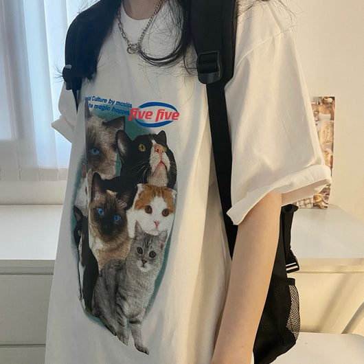 Playera Coreana de Manga Corta para Mujer con Estampado de Gato - Image 7
