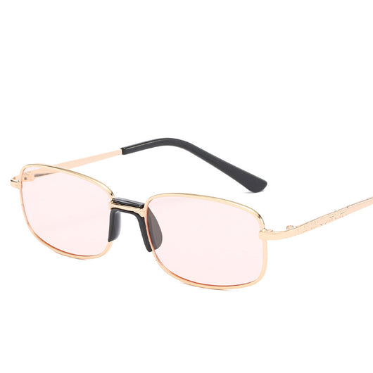 Vintage gold-colored metal frame sunglasses with light blue rectangular lenses and black temple tips. - Image 5