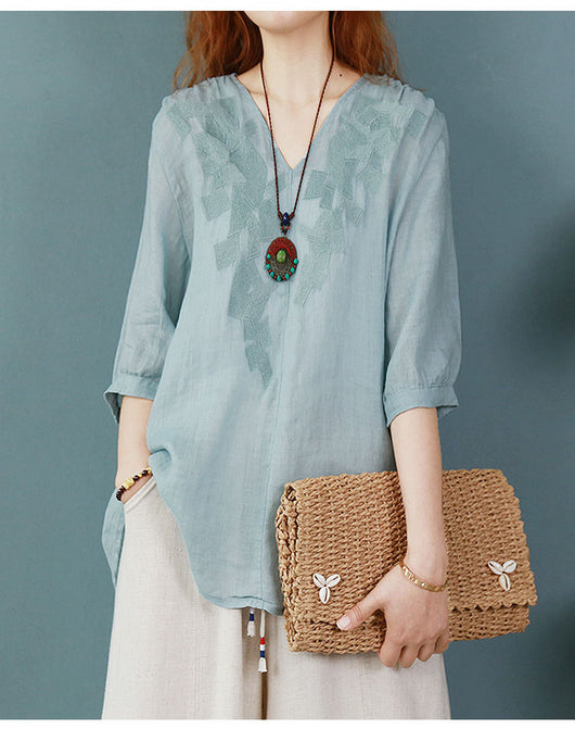 Blusa Larga Atrás Corta Adelante de Algodón y Lino con Bordado para Mujer - Image 14