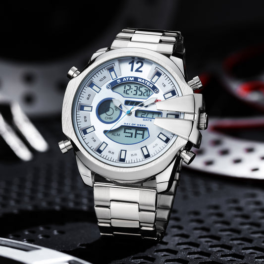 Reloj Deportivo de Acero Inoxidable Dual con Alarma LED Resistente al Agua