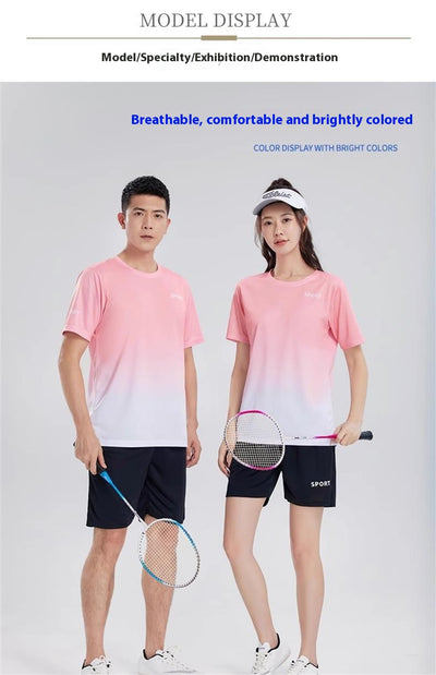 Purple and white gradient short-sleeve t-shirt with 'SPORT' text and black athletic shorts for women. - Image 23