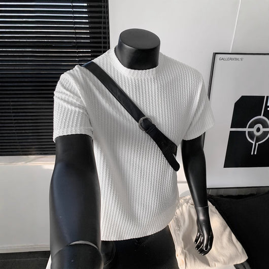 Playera Tejida de Manga Corta a Rayas Negras para Hombre - Image 2