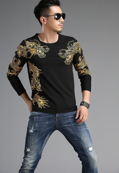 Playera Manga Larga Cuello Redondo Estilo Chino Dragón 3D Slim Fit - Image 3