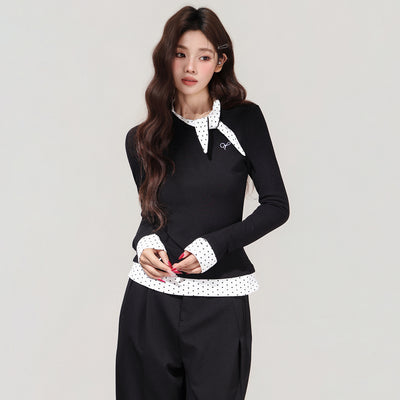 Blusa Negra con Lunares y Moño - Efecto Dos Piezas, Manga Larga - Image 5