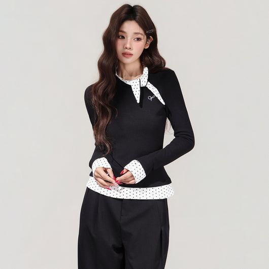 Blusa Negra con Lunares y Moño - Efecto Dos Piezas, Manga Larga - Image 5