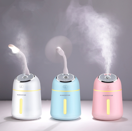 Light blue mini ultrasonic humidifier with a silver top, power button, and clear water level indicator.