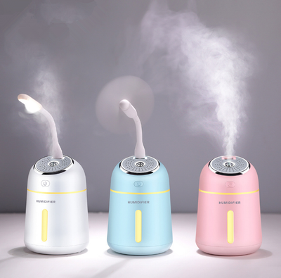 Light blue mini ultrasonic humidifier with a silver top, power button, and clear water level indicator.