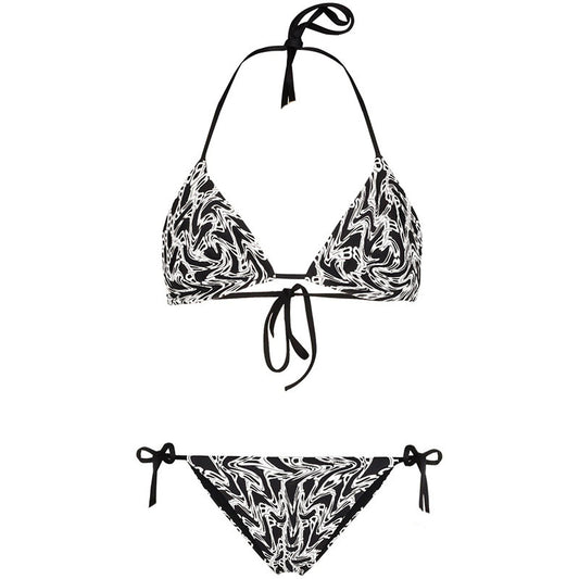 Black and white abstract letter print bikini with triangle halter top and tie-side bottoms.