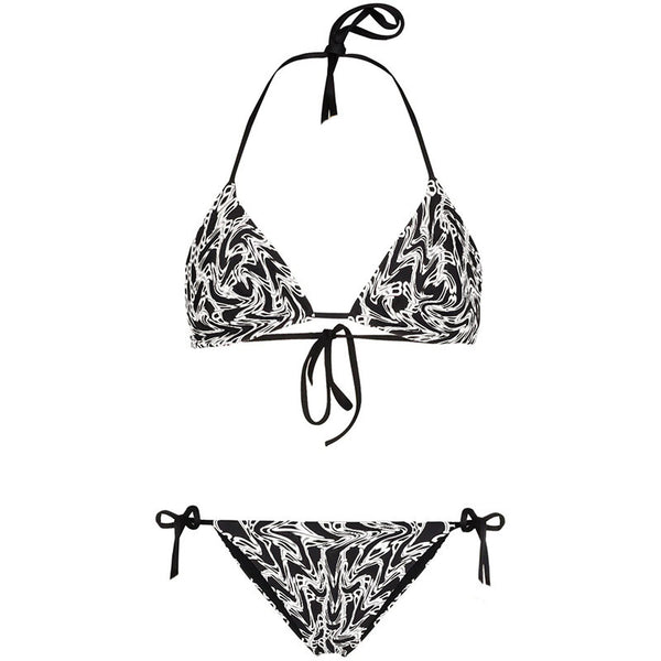 Black and white abstract letter print bikini with triangle halter top and tie-side bottoms.