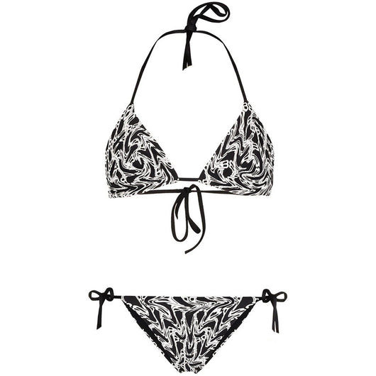 Black and white abstract letter print bikini with triangle halter top and tie-side bottoms.