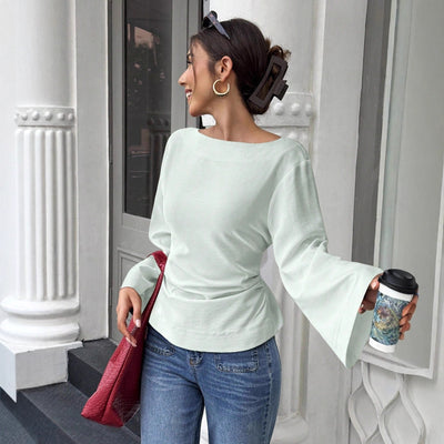 Blusa Tejida Cuello Redondo con Mangas Acampanadas Largas para Mujer