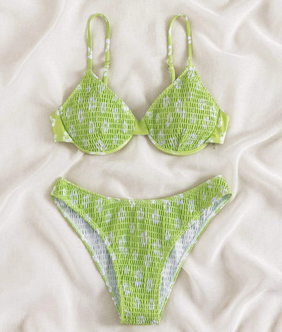 Periwinkle blue two-piece swimsuit with white floral pattern and ruched texture, featuring an underwire bikini top and high-cut bottoms. - Image 20